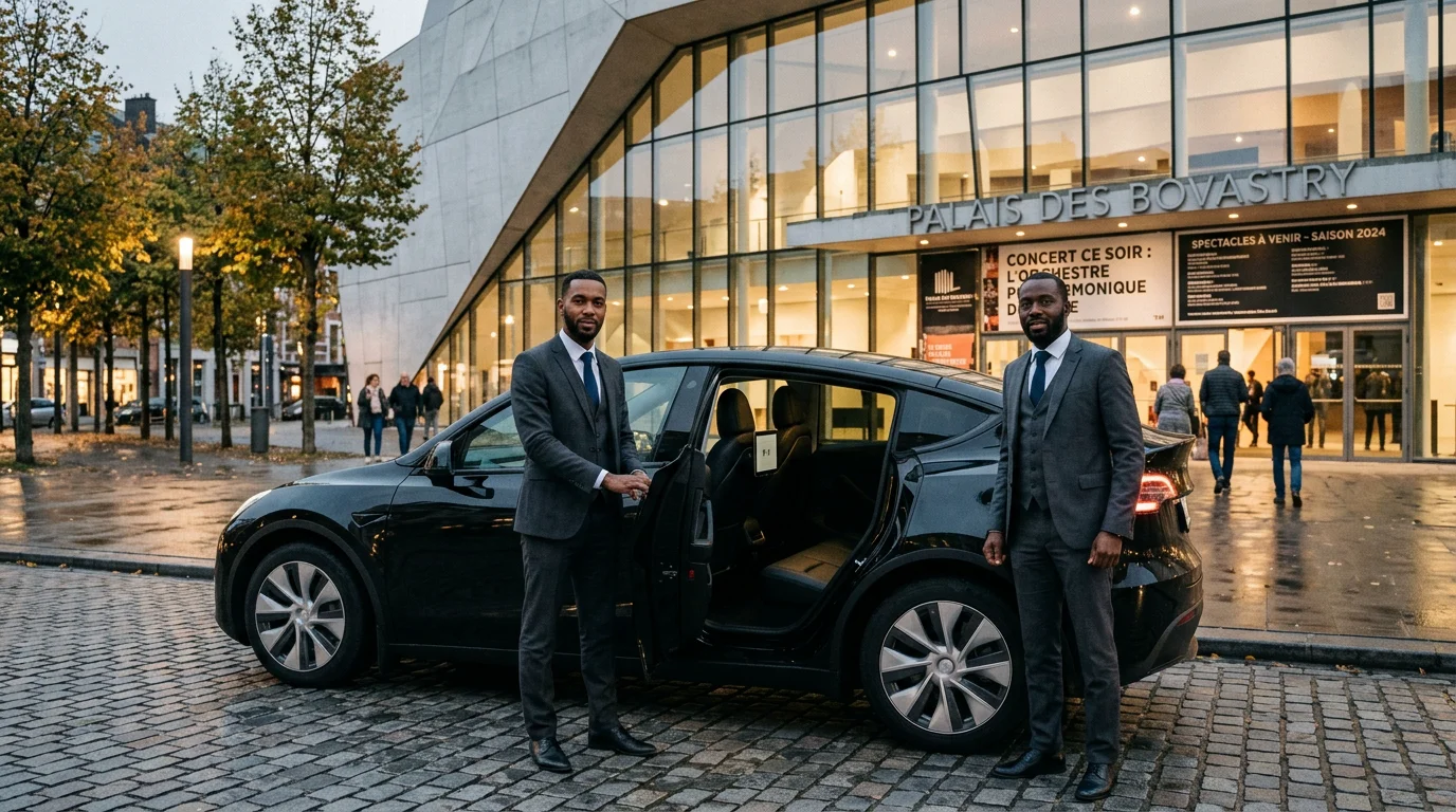 Tesla Model Y noire avec chauffeur professionnel devant une grande salle de concert au crépuscule