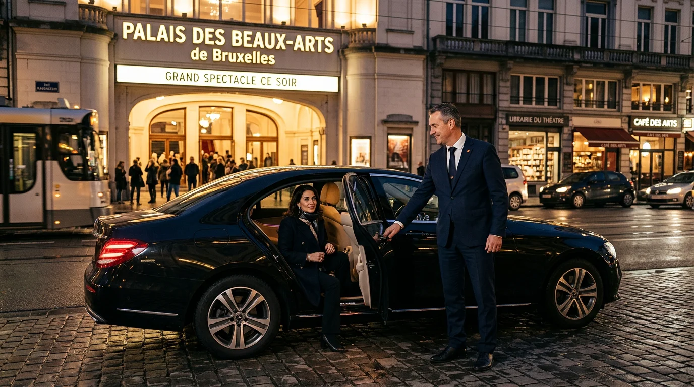 Chauffeur professionnel ouvrant la portière d'une Mercedes Classe E noire devant une salle de concert