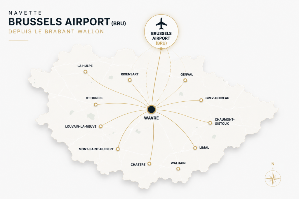 Carte des villes desservies par AlloTaxis vers Brussels Airport depuis le Brabant Wallon