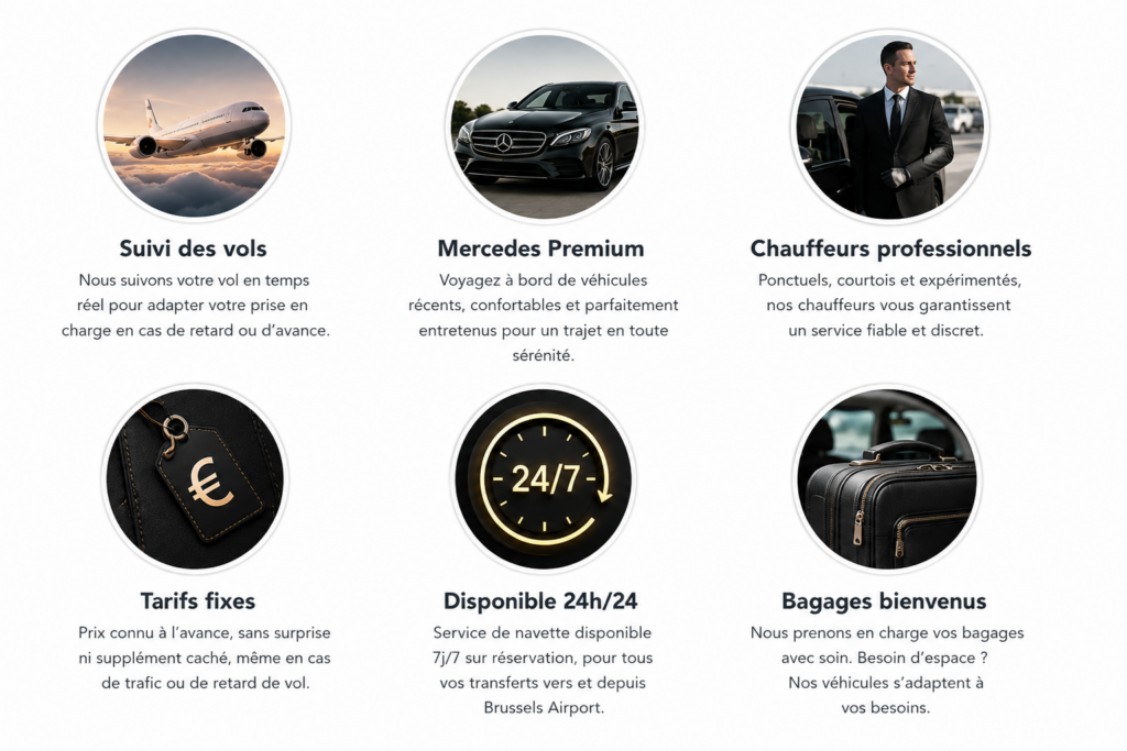 Services premium AlloTaxis : suivi des vols, tarifs fixes, chauffeurs professionnels, réservation simple, disponibilité 24h/24 et véhicules haut de gamme pour navettes Brussels Airport.