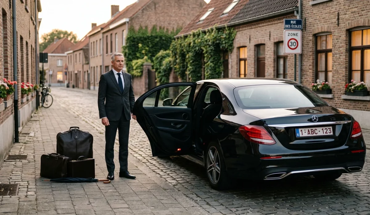 Mercedes Classe E noire avec chauffeur professionnel prêt pour un transfert aéroport depuis Wavre