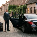 Mercedes Classe E noire avec chauffeur professionnel prêt pour un transfert aéroport depuis Wavre