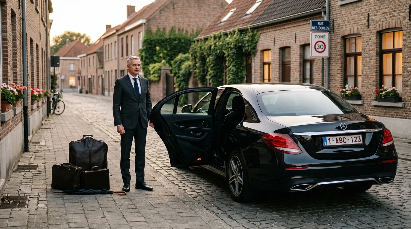 Mercedes Classe E noire avec chauffeur professionnel prêt pour un transfert aéroport depuis Wavre