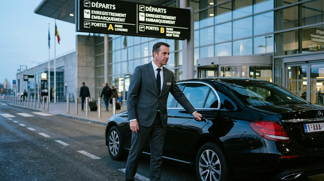 Chauffeur professionnel ouvrant la portière d'une Mercedes Classe E noire devant un terminal d'aéroport