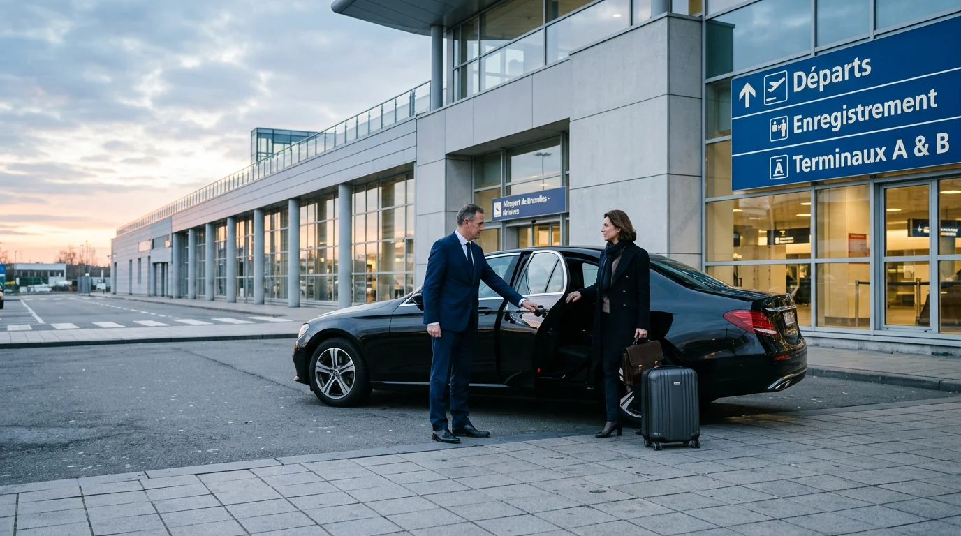 Chauffeur professionnel ouvrant la porte d'une Mercedes Classe E noire devant un terminal d'aéroport