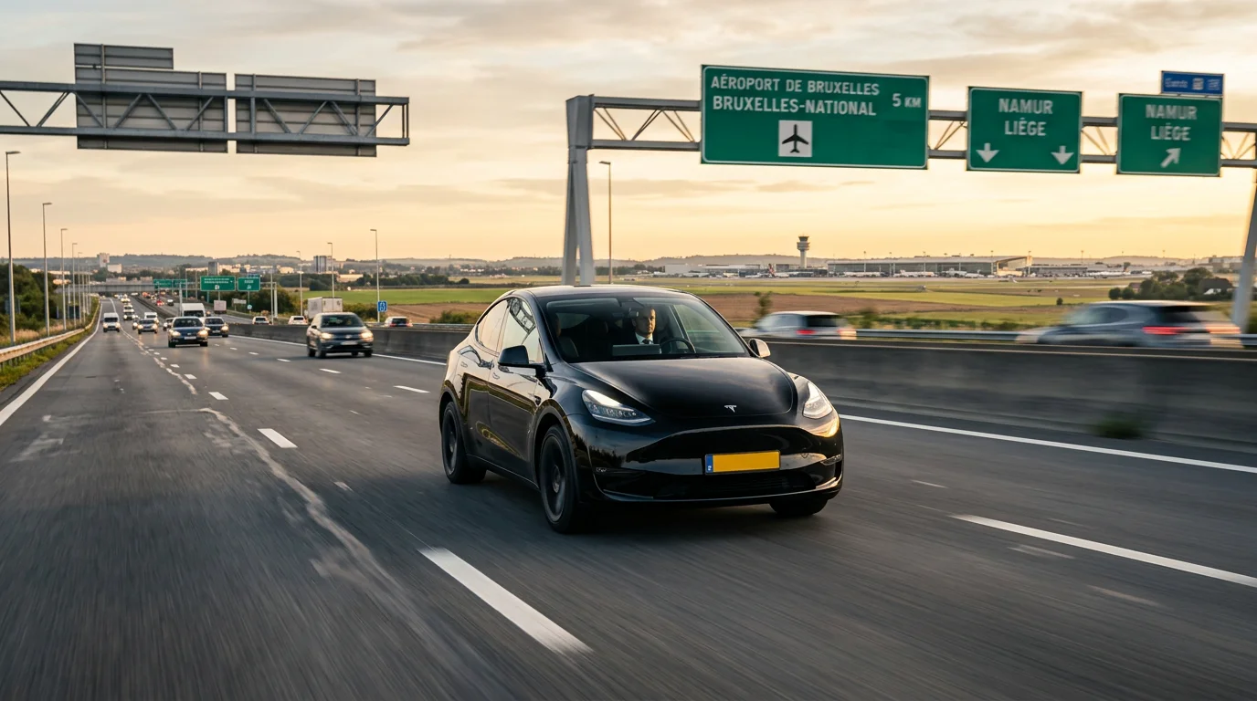 Tesla Model Y noire roulant vers l'aéroport sur une autoroute belge au coucher du soleil