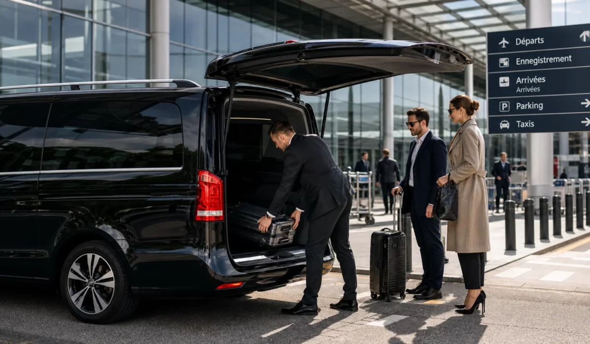 Mercedes Classe V noire avec chauffeur devant le terminal de Brussels Airport pour un transfert