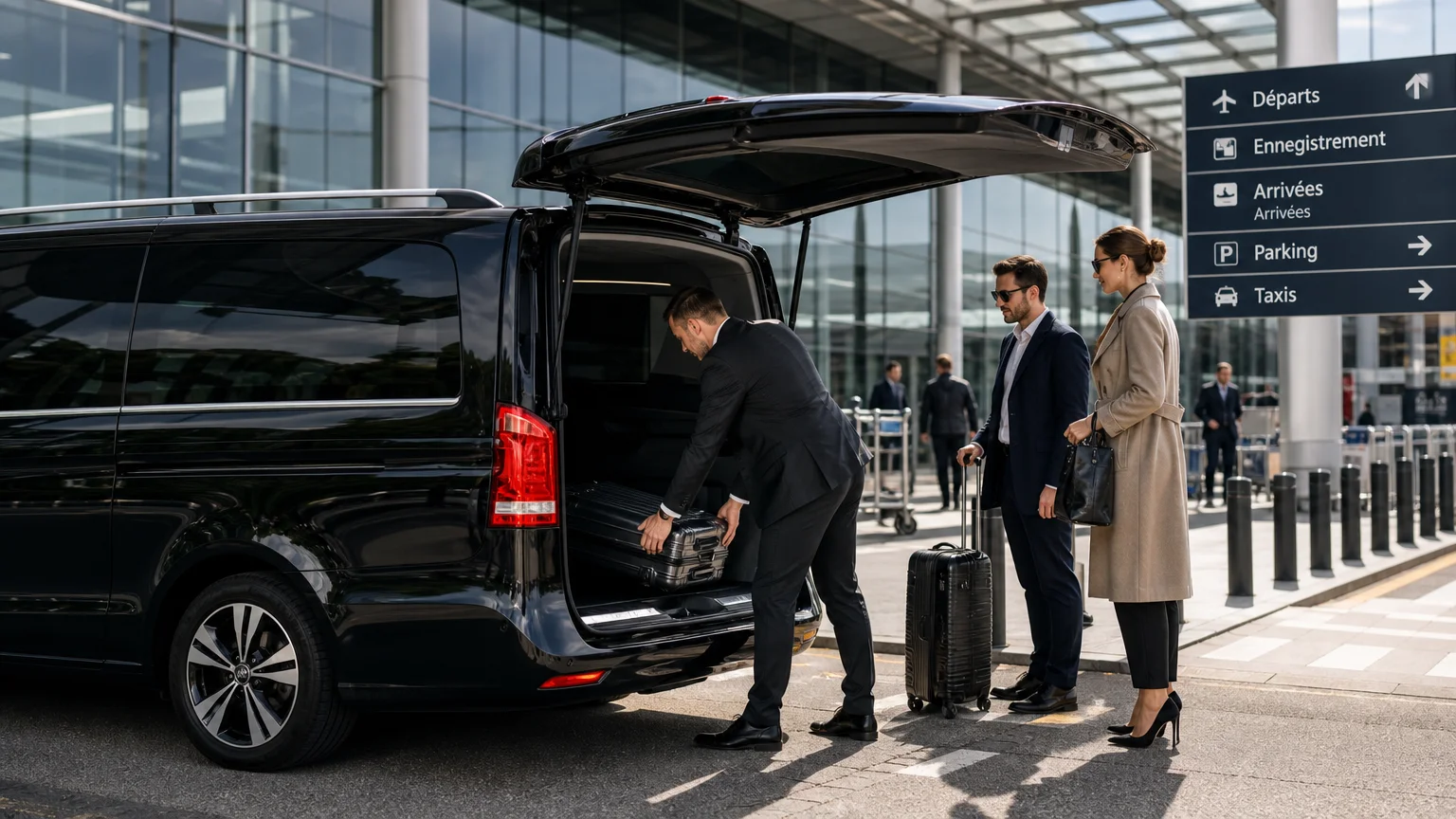 Mercedes Classe V noire avec chauffeur devant le terminal de Brussels Airport pour un transfert