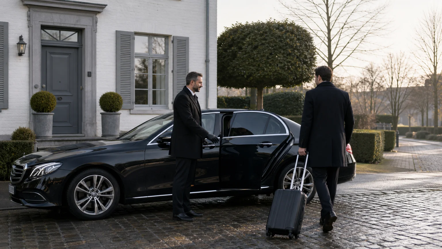 Mercedes Classe E noire avec chauffeur devant une habitation à Beauvechain pour un transfert aéroport