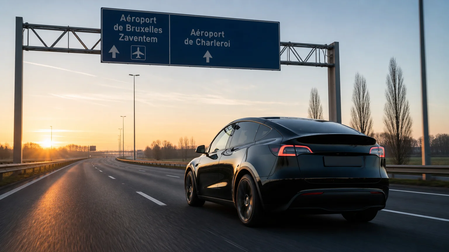 Tesla Model Y noire sur autoroute belge en route vers Brussels Airport