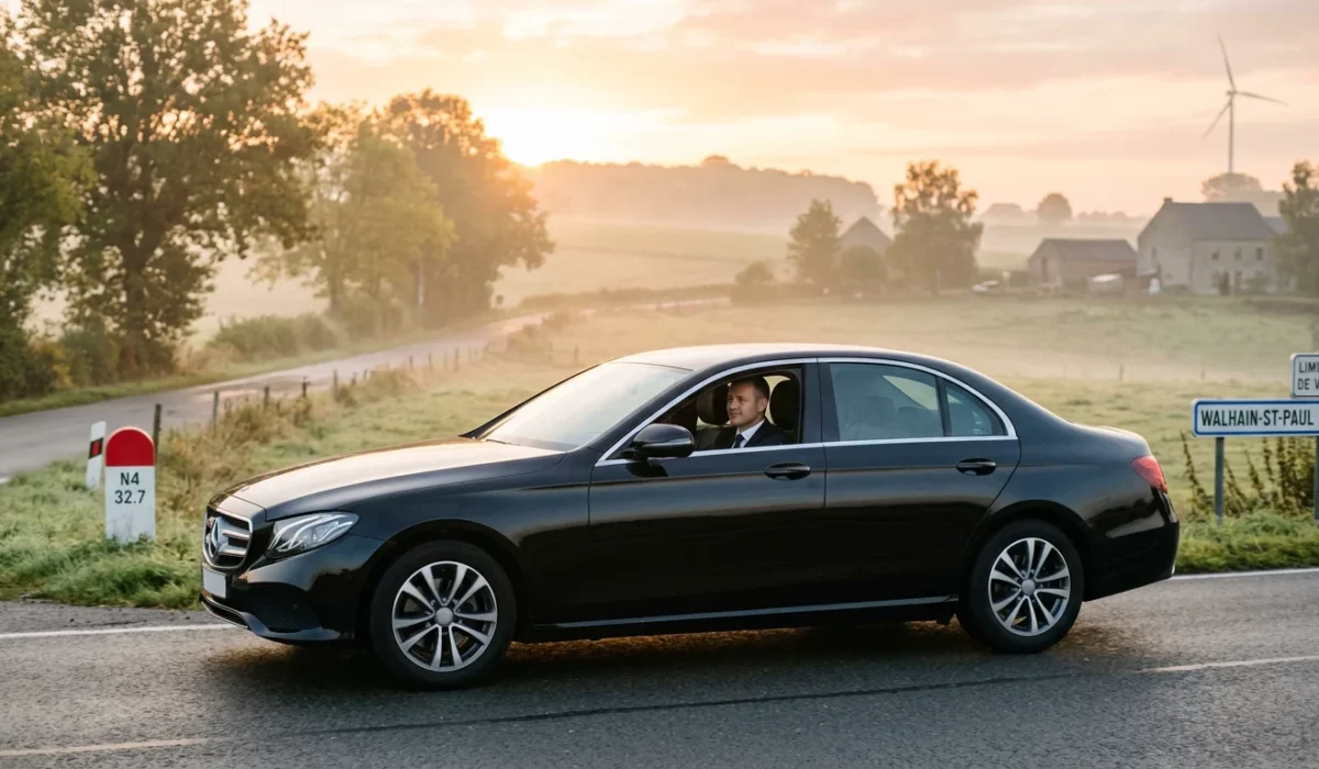 Mercedes Classe E noire avec chauffeur professionnel sur une route du Brabant wallon au lever du jour