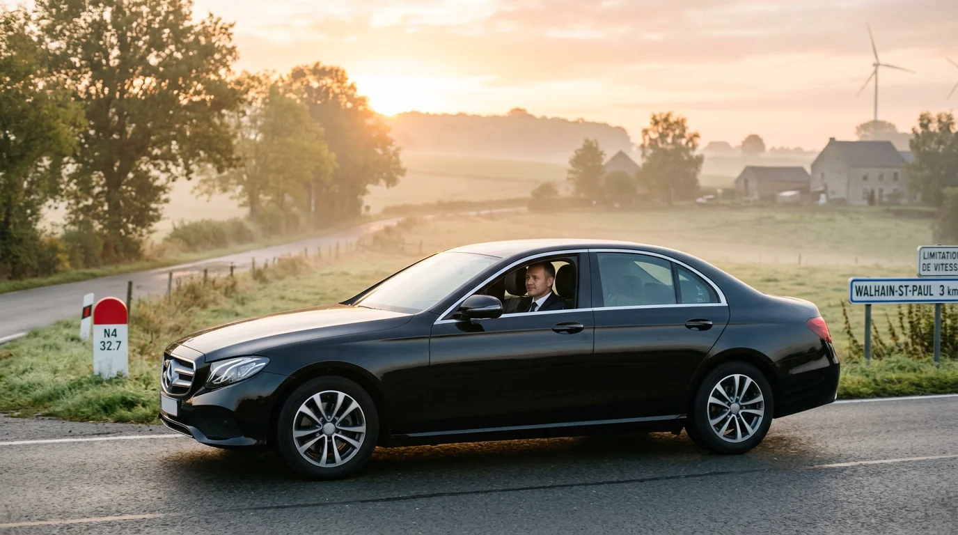 Mercedes Classe E noire avec chauffeur professionnel sur une route du Brabant wallon au lever du jour