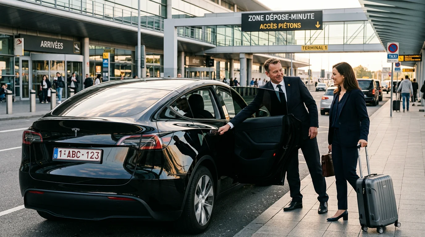 Chauffeur ouvrant la portière d'une Tesla Model Y noire devant un terminal aéroportuaire