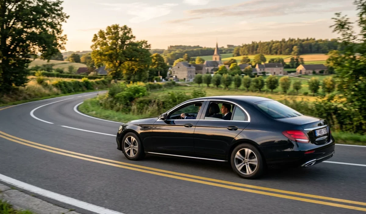 Mercedes Classe E noire avec chauffeur professionnel sur une route du Brabant wallon vers l'aéroport