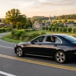 Mercedes Classe E noire avec chauffeur professionnel sur une route du Brabant wallon vers l'aéroport