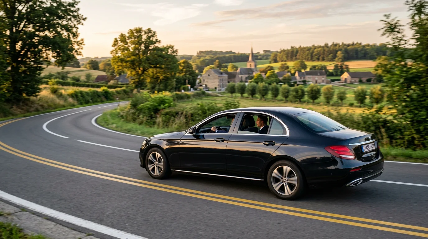 Mercedes Classe E noire avec chauffeur professionnel sur une route du Brabant wallon vers l'aéroport