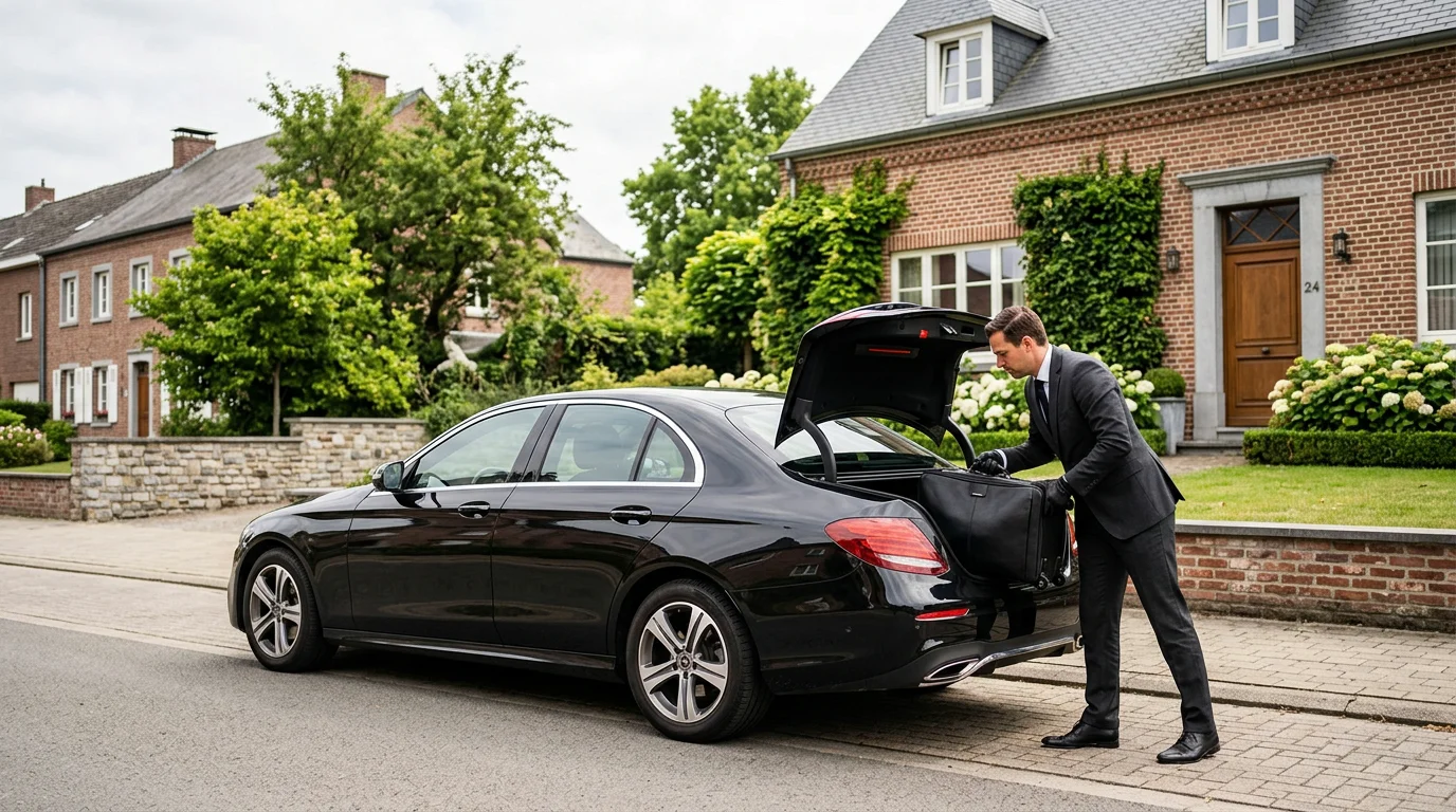 Chauffeur professionnel chargeant une valise dans une Mercedes Classe E noire pour un transfert aéroport