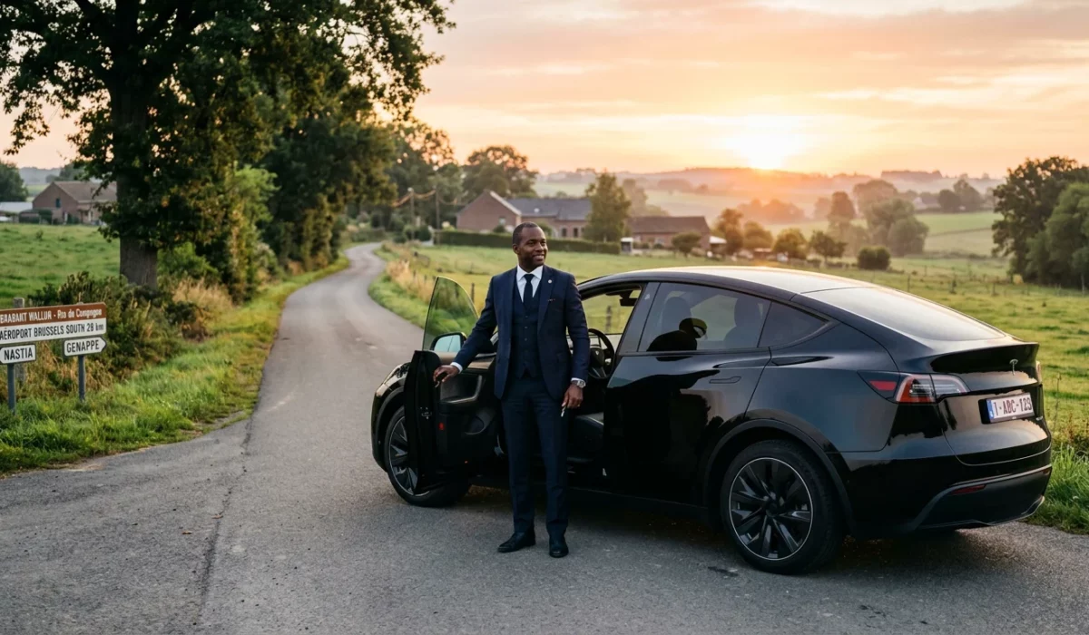 Tesla Model Y noire avec chauffeur professionnel sur une route du Brabant wallon au lever du soleil