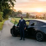Tesla Model Y noire avec chauffeur professionnel sur une route du Brabant wallon au lever du soleil