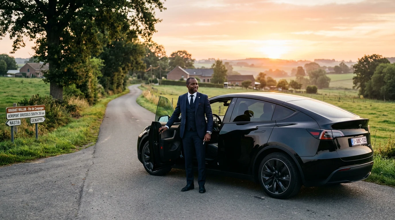 Tesla Model Y noire avec chauffeur professionnel sur une route du Brabant wallon au lever du soleil