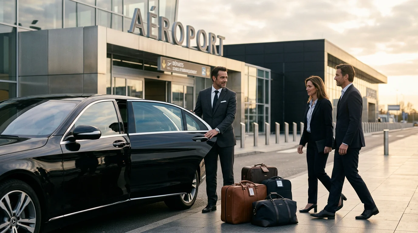 Chauffeur professionnel ouvrant la portière d'une Mercedes Classe E noire devant un terminal d'aéroport