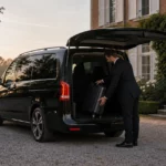 Chauffeur professionnel chargeant une valise dans une Mercedes Classe V noire devant une maison au petit matin