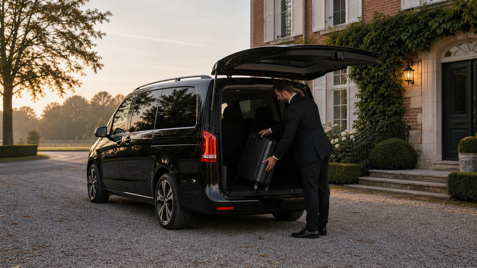 Chauffeur professionnel chargeant une valise dans une Mercedes Classe V noire devant une maison au petit matin