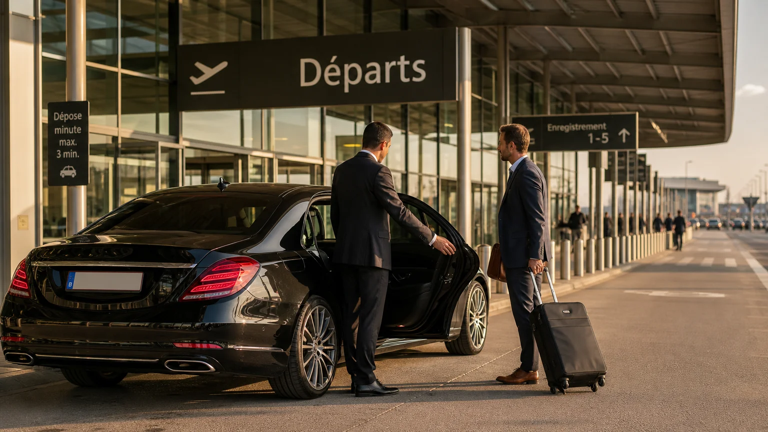 Chauffeur professionnel accueillant un voyageur près d'une Mercedes Classe E noire devant un terminal d'aéroport
