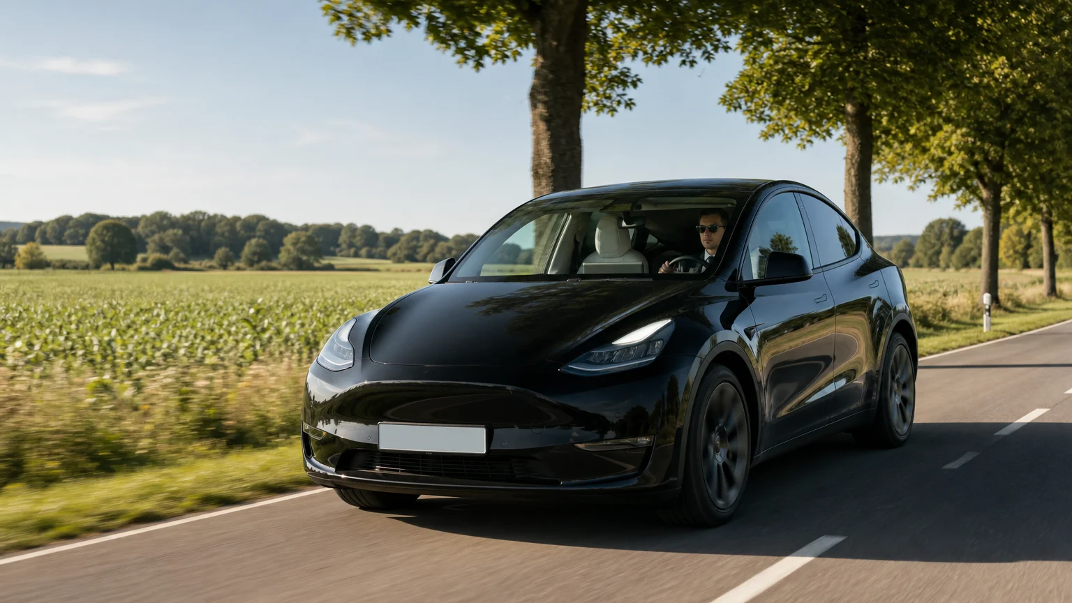 Tesla Model Y noire avec chauffeur sur une route de campagne du Brabant wallon