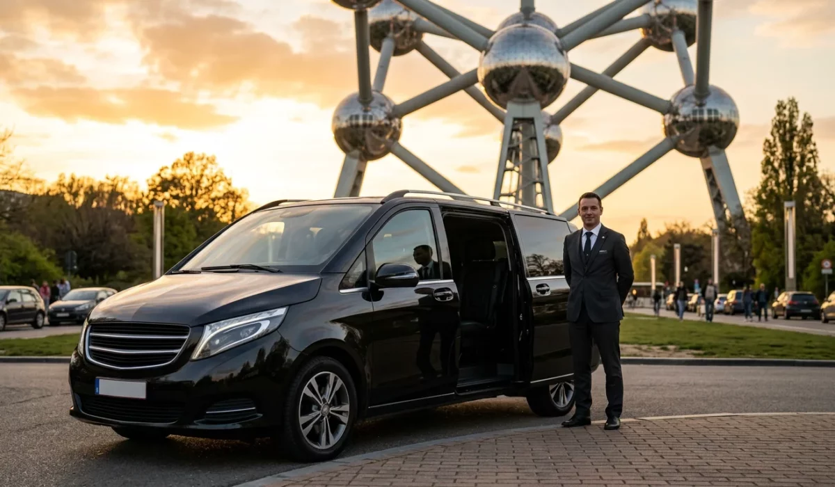 Monospace noir avec chauffeur professionnel devant l'Atomium de Bruxelles