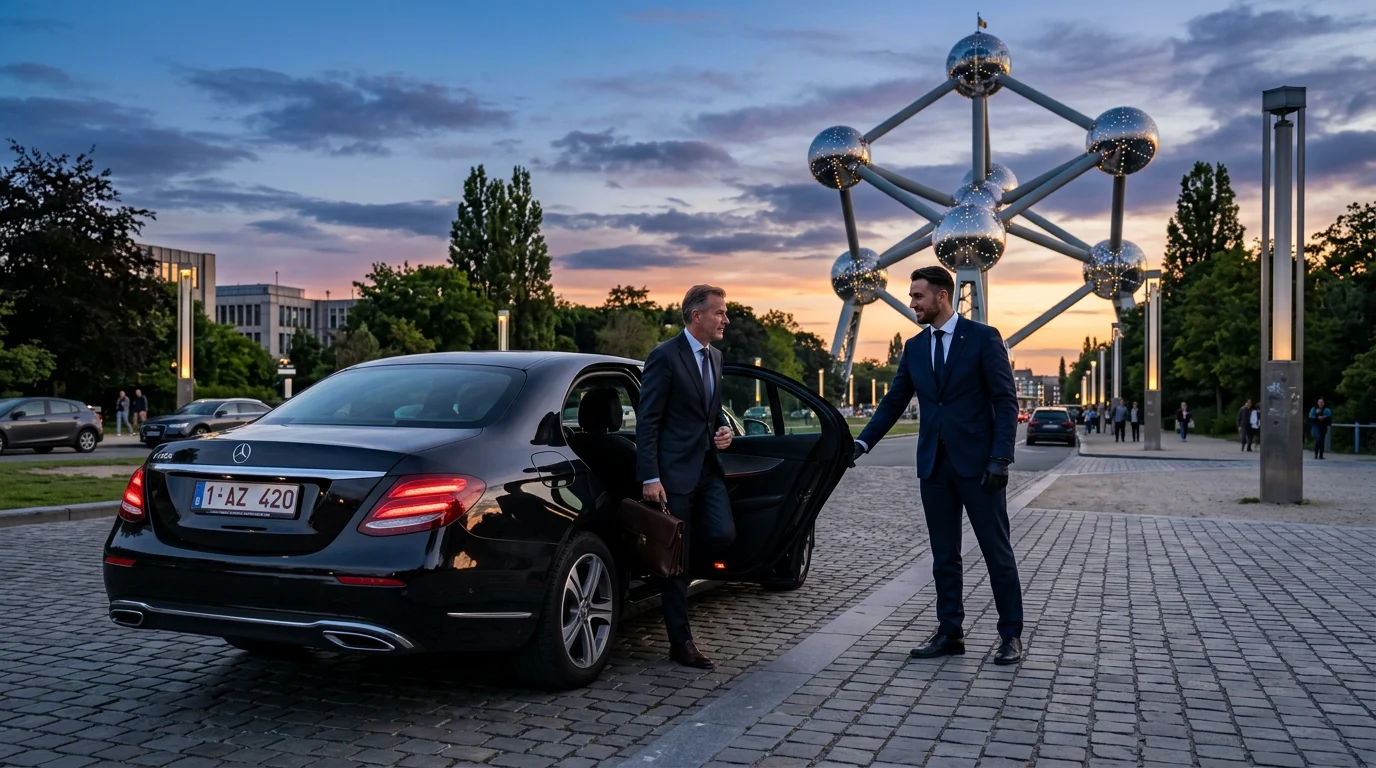 Chauffeur professionnel ouvrant la portière d'une berline noire devant l'Atomium
