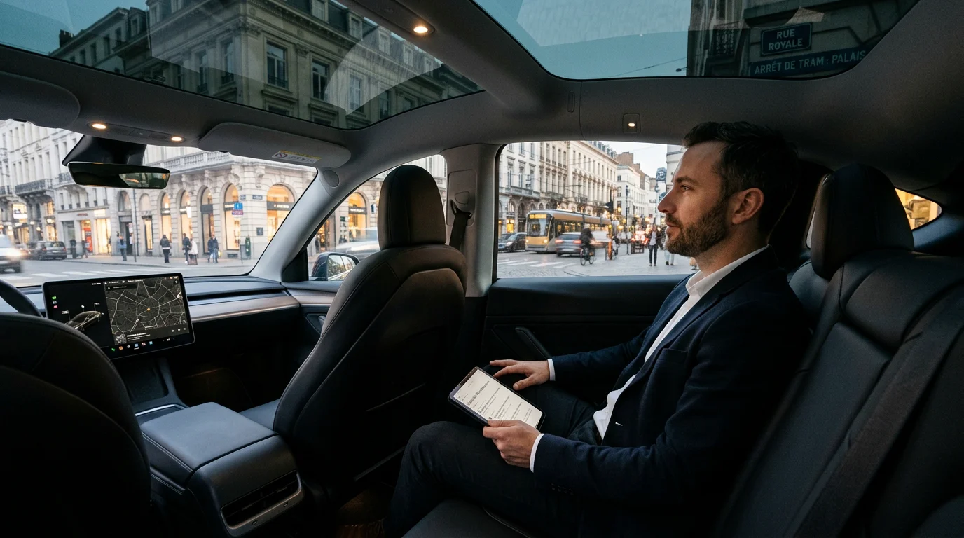 Passager d'affaires à l'arrière d'un véhicule électrique noir dans Bruxelles