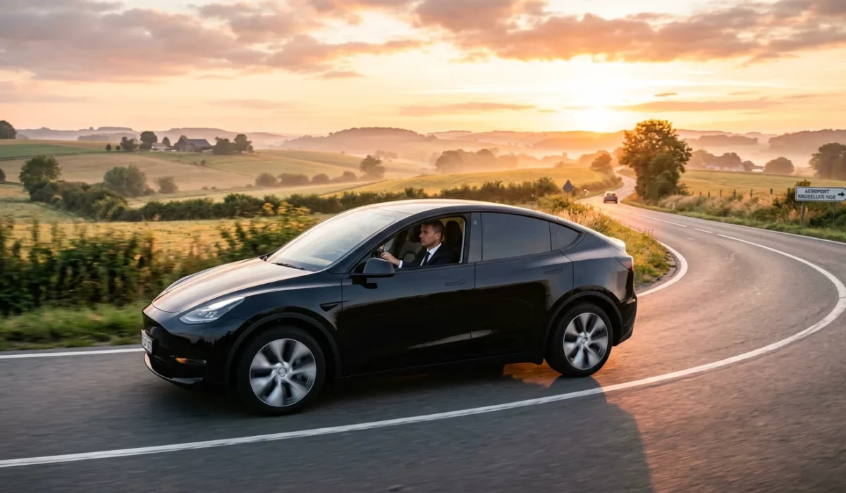 Tesla Model Y noire avec chauffeur privé en route vers Brussels Airport depuis Rixensart