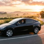 Tesla Model Y noire avec chauffeur privé en route vers Brussels Airport depuis Rixensart
