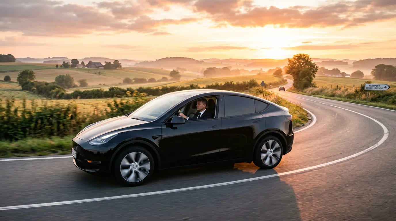 Tesla Model Y noire avec chauffeur privé en route vers Brussels Airport depuis Rixensart