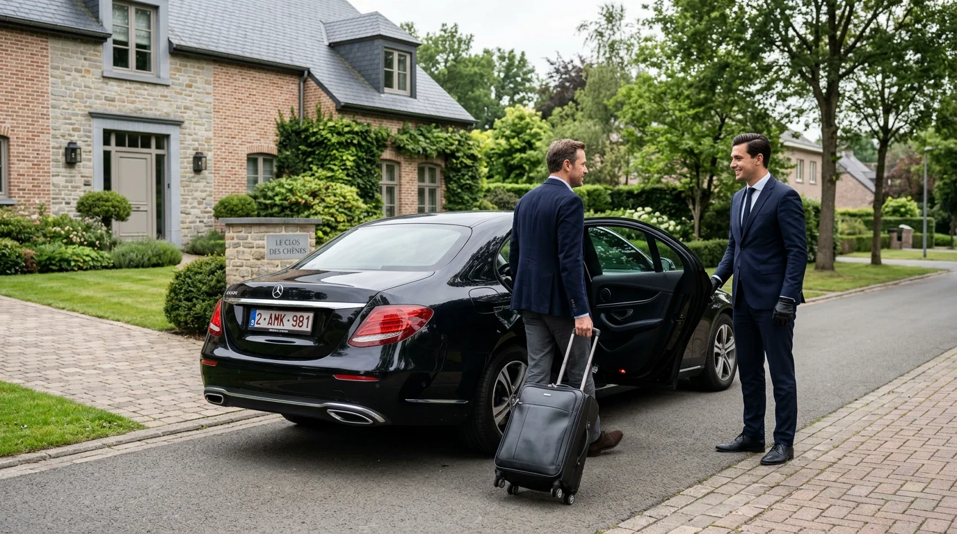 Chauffeur professionnel accueillant un voyageur devant une Mercedes Classe E noire à Rixensart