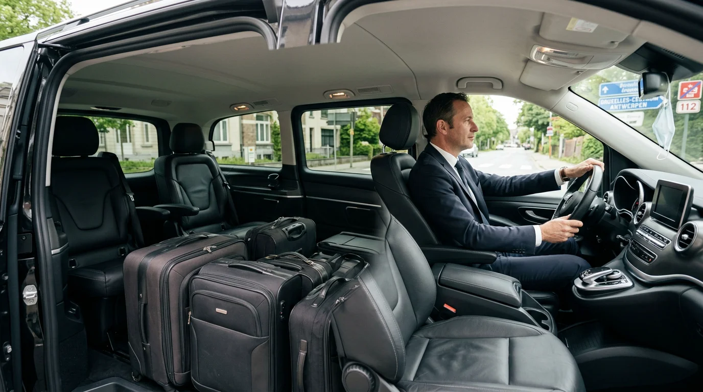 Intérieur d'un van Mercedes Classe V noir avec chauffeur pour un transfert de groupe vers l'aéroport