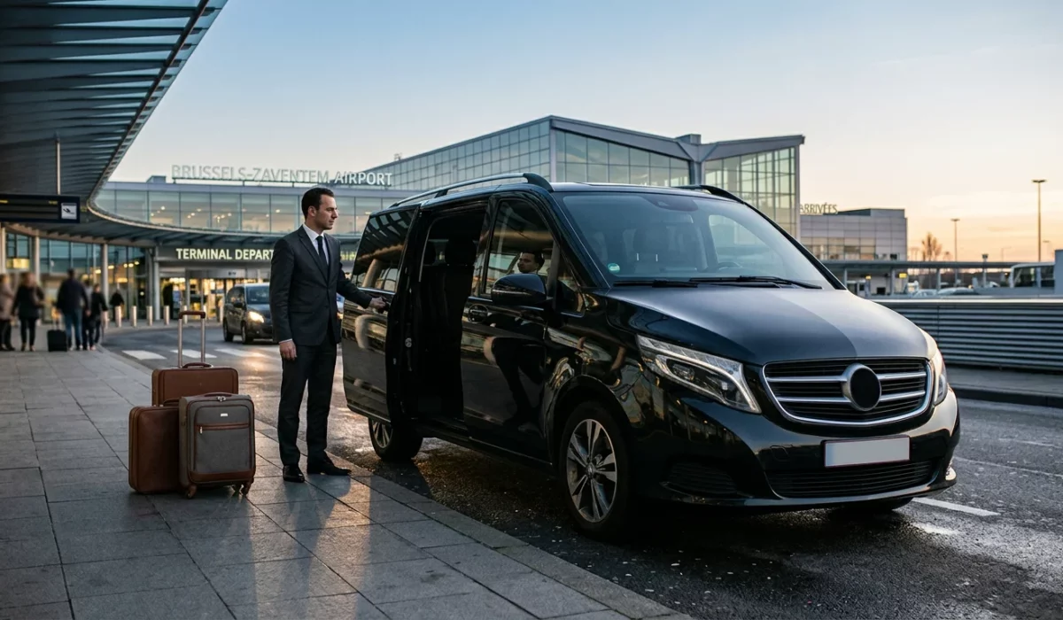 Mercedes Classe V noire avec chauffeur devant un terminal de l'aéroport de Bruxelles