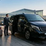 Mercedes Classe V noire avec chauffeur devant un terminal de l'aéroport de Bruxelles