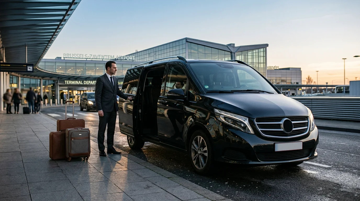 Mercedes Classe V noire avec chauffeur devant un terminal de l'aéroport de Bruxelles