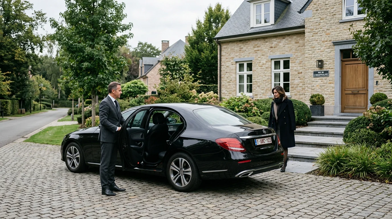 Chauffeur professionnel ouvrant la portière d'une Mercedes Classe E noire à La Hulpe