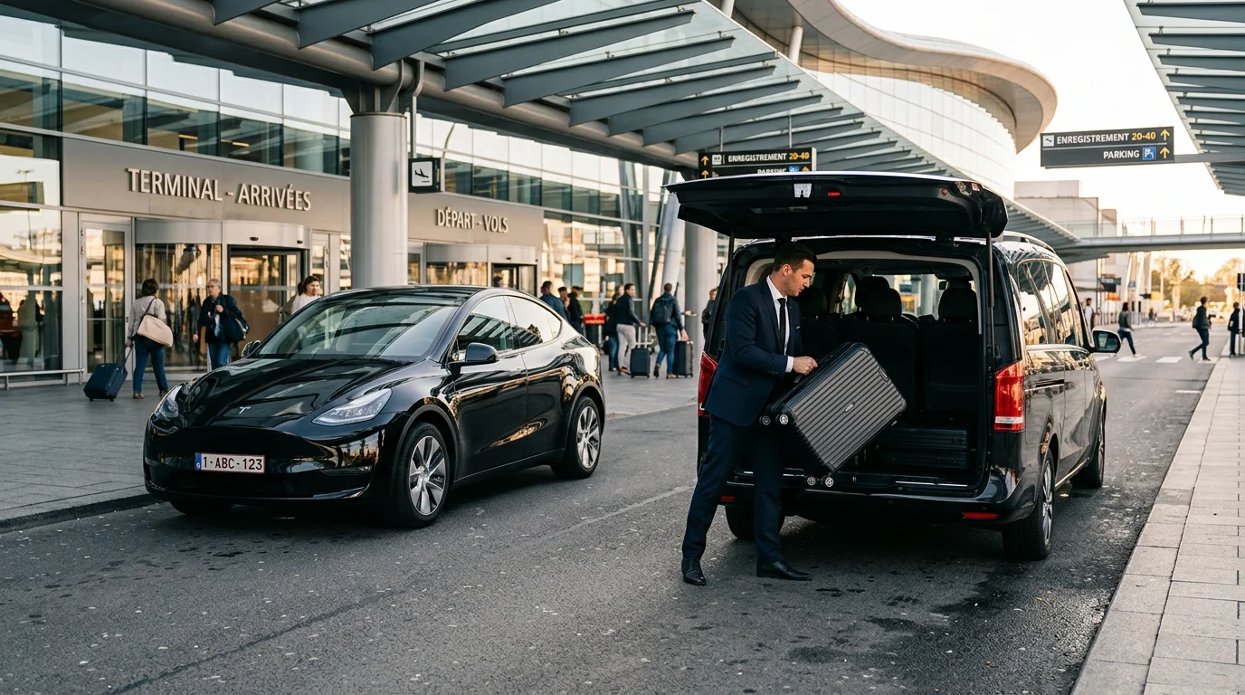 Tesla Model Y et Mercedes Classe V noires avec chauffeur devant un terminal