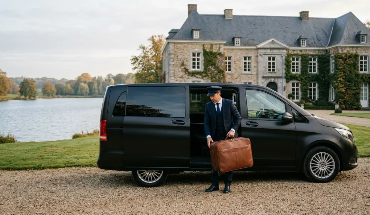 Chauffeur professionnel chargeant une valise dans une Mercedes Classe V noire près d'un lac à Genval