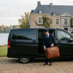 Chauffeur professionnel chargeant une valise dans une Mercedes Classe V noire près d'un lac à Genval