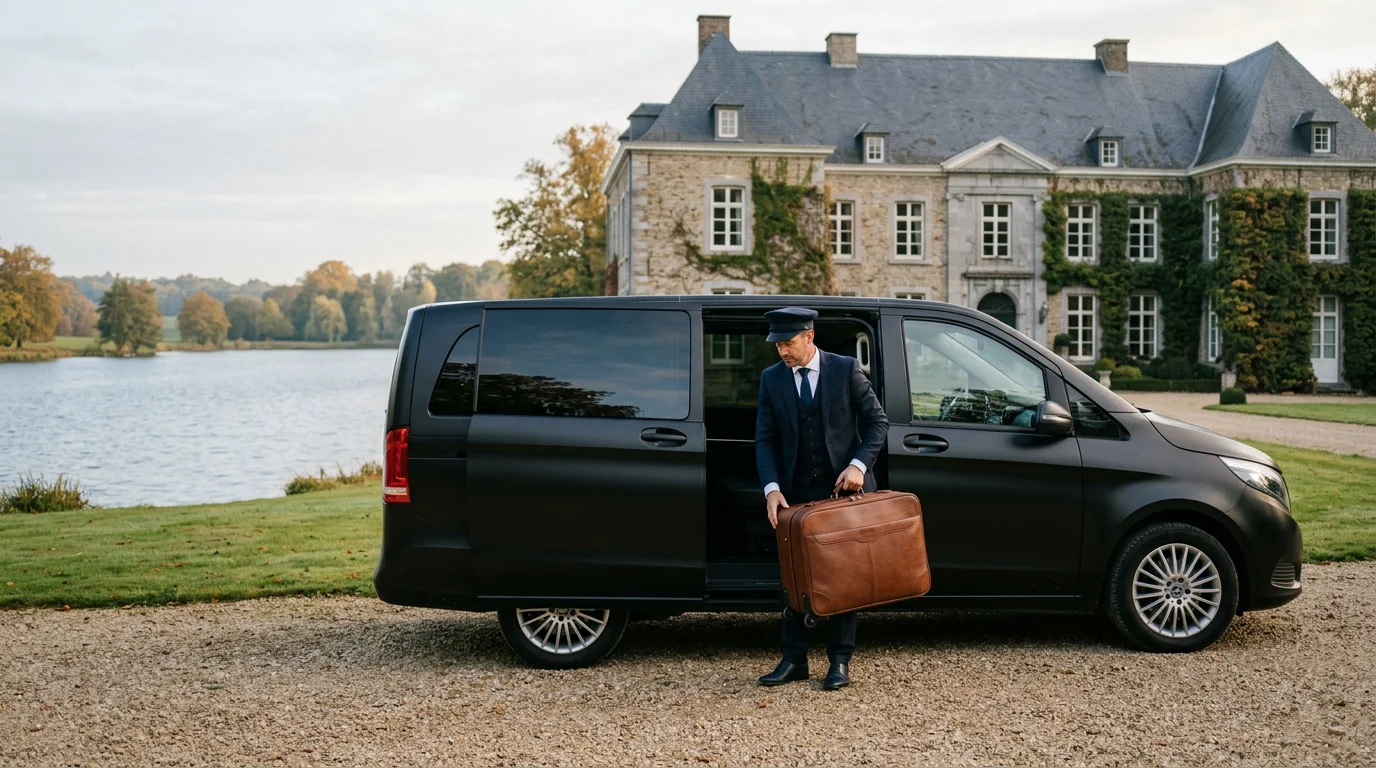 Chauffeur professionnel chargeant une valise dans une Mercedes Classe V noire près d'un lac à Genval