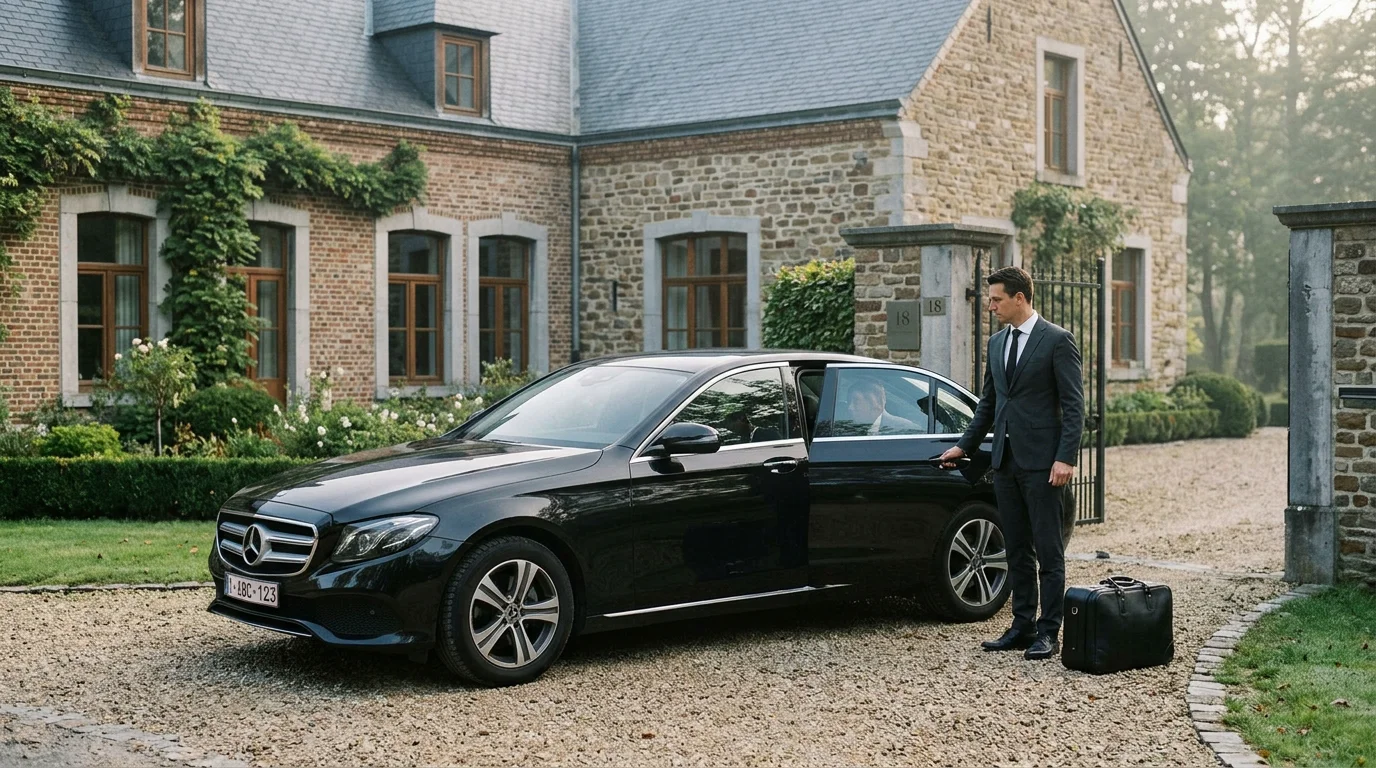 Chauffeur professionnel accueillant un voyageur près d'une Mercedes Classe E noire à Genval