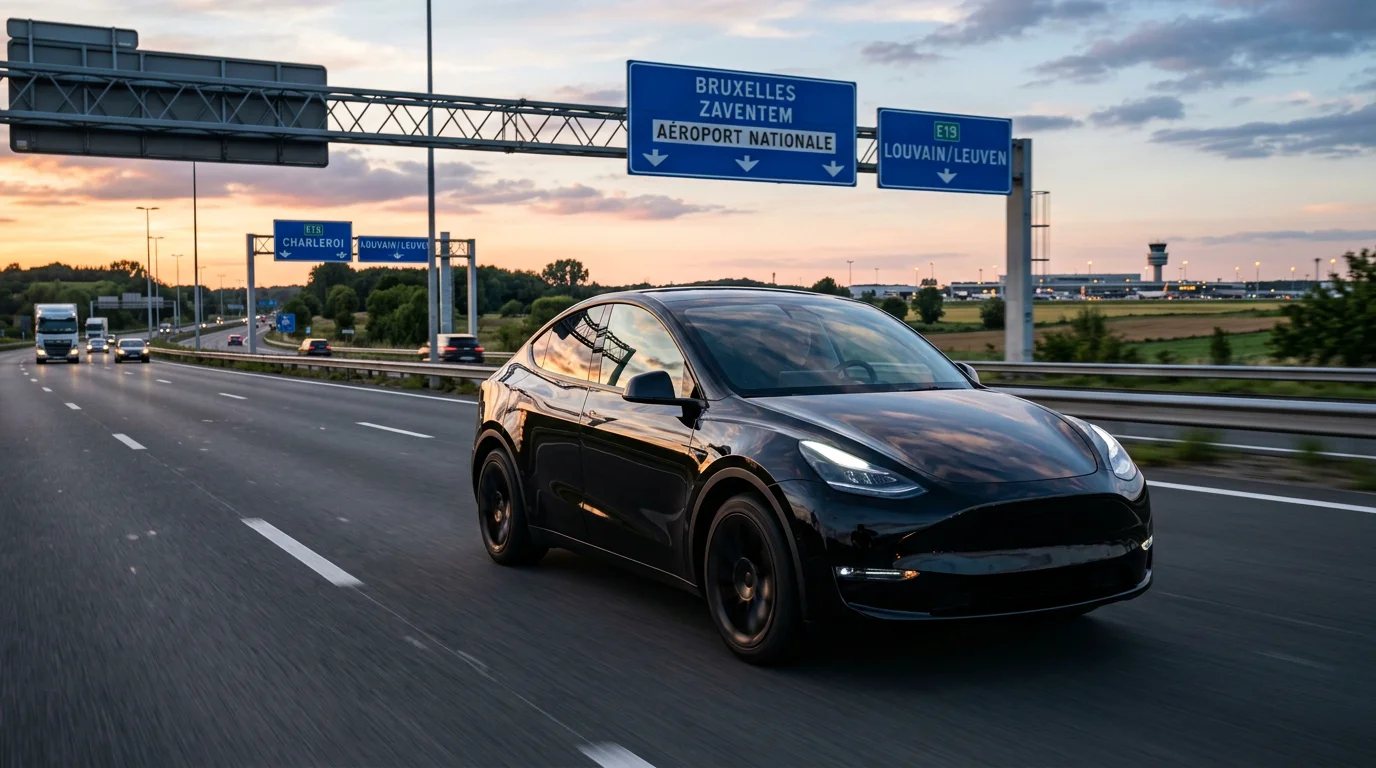 Tesla Model Y noire en route vers l'aéroport de Bruxelles depuis le Brabant wallon