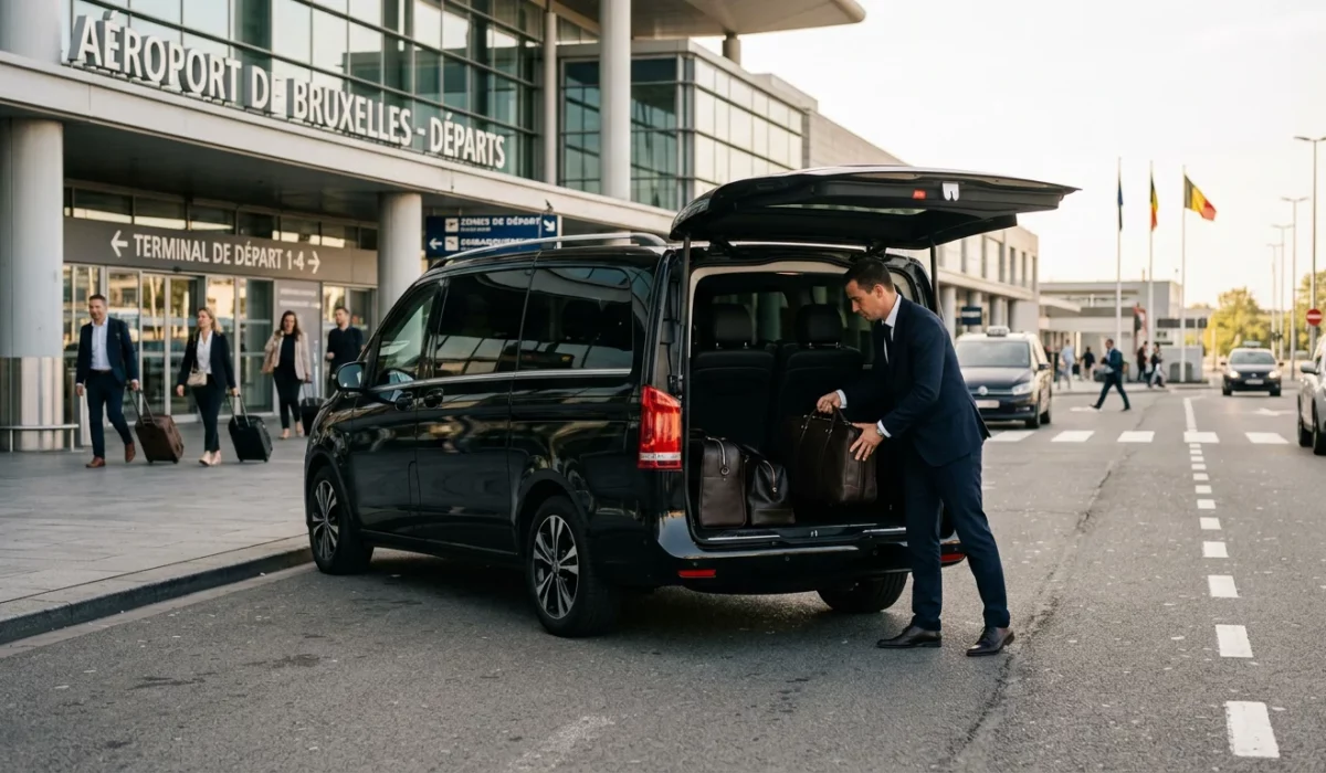 Chauffeur professionnel chargeant des bagages dans un van Mercedes Classe V noir devant un terminal d'aéroport