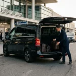 Chauffeur professionnel chargeant des bagages dans un van Mercedes Classe V noir devant un terminal d'aéroport