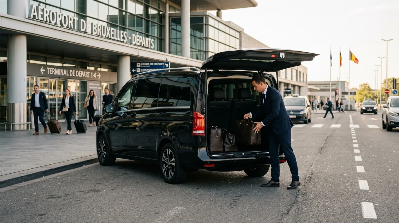 Chauffeur professionnel chargeant des bagages dans un van Mercedes Classe V noir devant un terminal d'aéroport